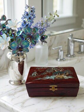 Vintage Korean Mother of Pearl Wood Lacquered Jewelry Box 5.5" Red Velvet Lined